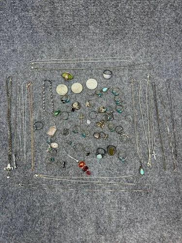 Sterling Silver Jewelry Lot 236g Turquoise Rings Pendants Chains Coins