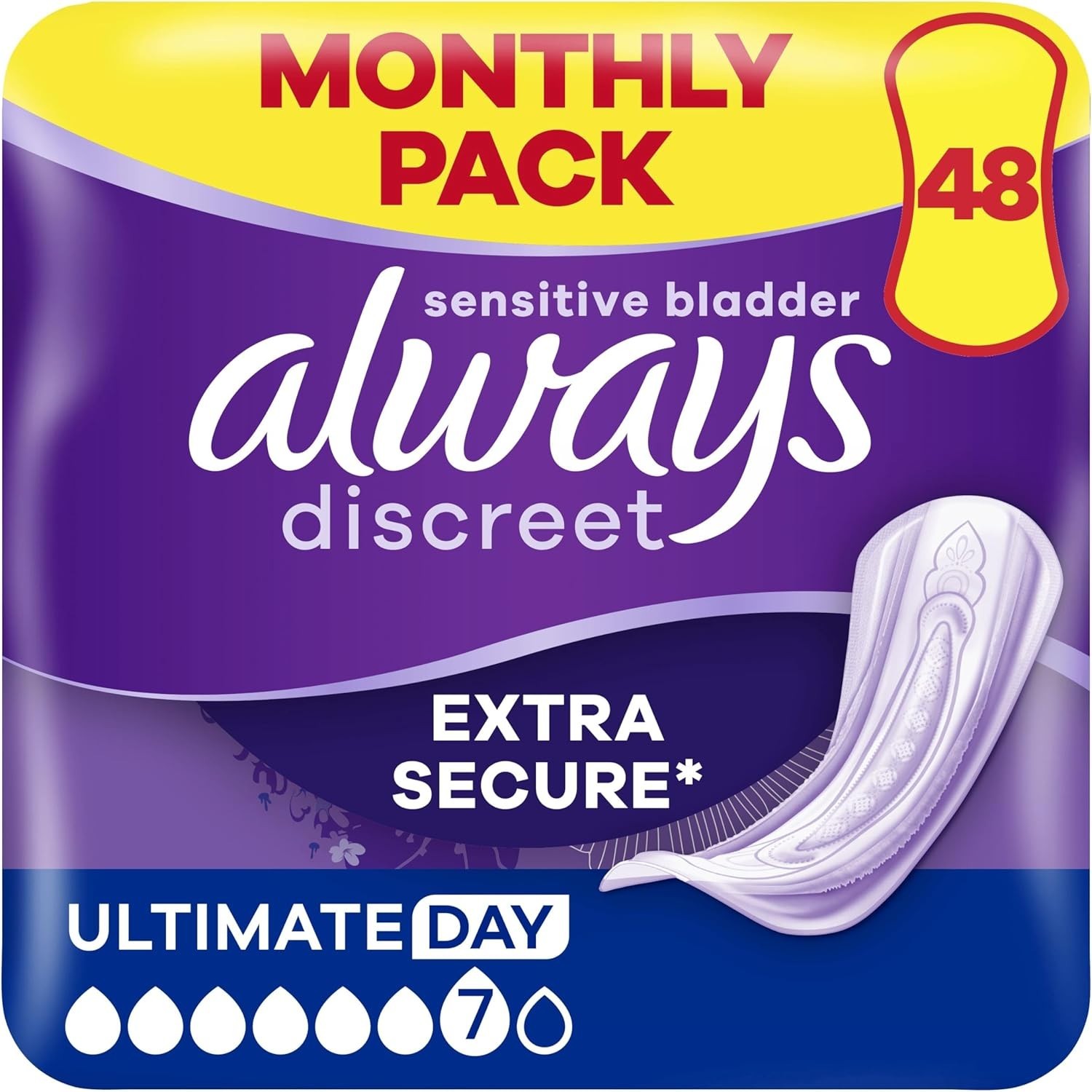Always Discreet Incontinence Pads Women, Ultimate Day Extra Secure Pads 48Pack