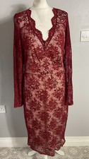 River Island dress burgundy red lace long sleeve scallop hem pencil midi UK 16