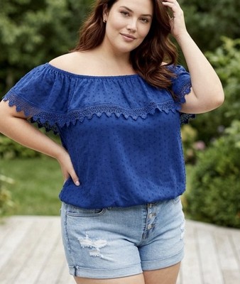 City Chic Cobalt Blue Top Spot Sara Off Shoulder Crochet Detail Top 14