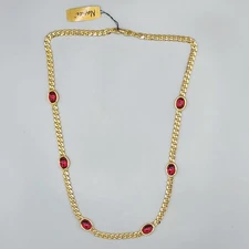 New w/ Tag Vintage Napier Red Cabochon Gold Tone Curb Chain Station Necklace 28"