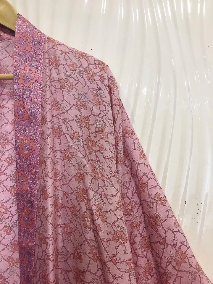 Roupão quimono midi seda pura comprimento do joelho vestido quimono de seda rosa MKMO2226 - Imagem 4 de 4