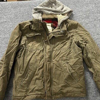 American Eagle Jacket Mens Size M Olive Green Sherpa Hooded Viscose Utility Coat