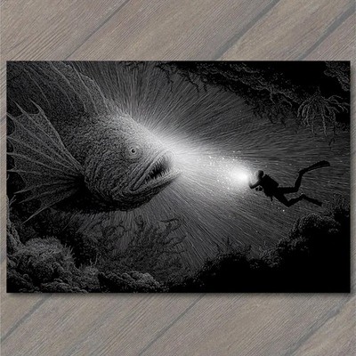 Art Print Deep Sea Anglerfish Diver Flashlight Abyss Horror Ocean