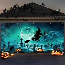 16 x 7 ft Halloween Garage Door Cover, Witch Graveyard Banner