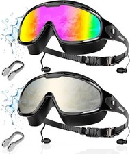 Adult Swim Goggles 2 Pack with Earplugs  Nose Clip Anti-Fog Wide View Leakproof