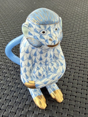 Herend Fishnet Monkey Figurine Blue White Porcelain Hand Painted Gold Accents