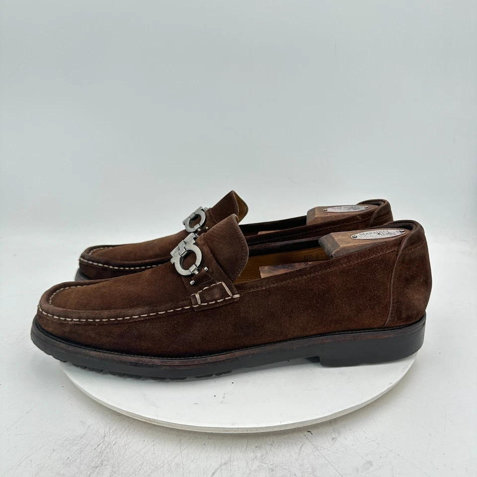 Salvatore Ferragamo Men Size 12D Brown Suede Silver Horsebit Loafer Dress Shoes - Image 2 of 4