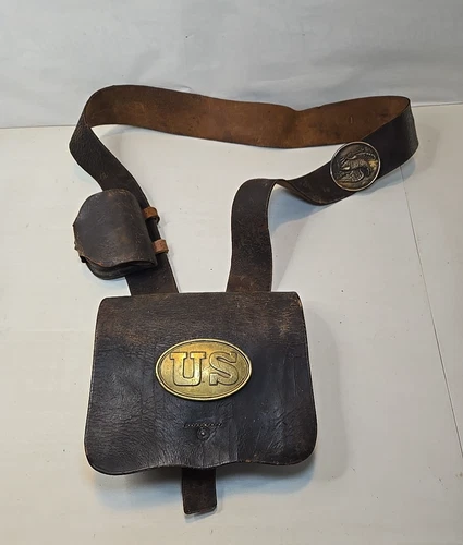 US Civil War Model 1864 Cartridge Box w/Tins + Strap + Cap Box - Ammo Pouch