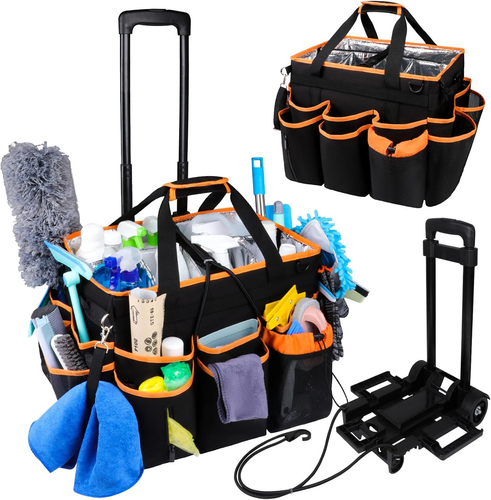 Large Cleaning Tote Bag Portable Organizer Caddy with Wheels Handle & Strap Blac - Picture 11 of 12