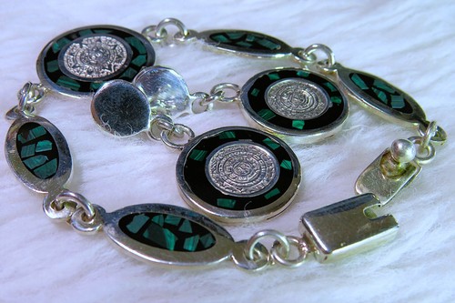 Taxco AZTEC CALENDAR Bracelet & Earrings Malachite sterling silver