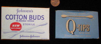 2 old vintage mini tiny retro baby Q-Tips cotton swabs sticks & Johnson's Buds