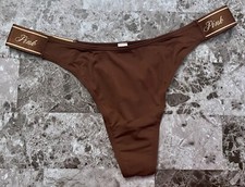 NWT VICTORIA'S SECRET PINK SMOOTH BROWN NUDE LOGO THICK SIDE STRAP THONG PANTIES
