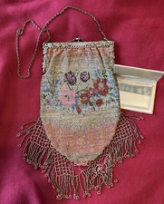 Vtg Antique Art Nouveau Silver French Steel Micro Bead Floral Bag Purse w/mirror