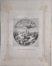 c1850 VICTORIAN PRINT LOVE ARMED WITH THE THUNDER OF JUPITER - LE SUEUR