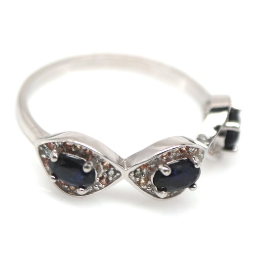 925 Sterling Silber 3 x 5 mm. Ausgefallener farbiger Saphir Ring Größe 7,75 - Bild 2 von 4