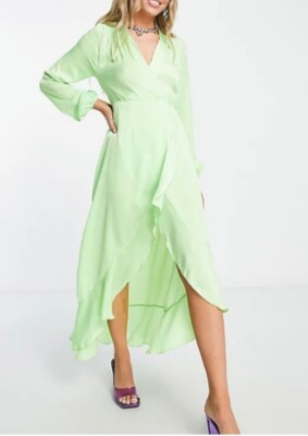 flounce london green dress Flounce London satin all over ruffle cami maxi dress in green