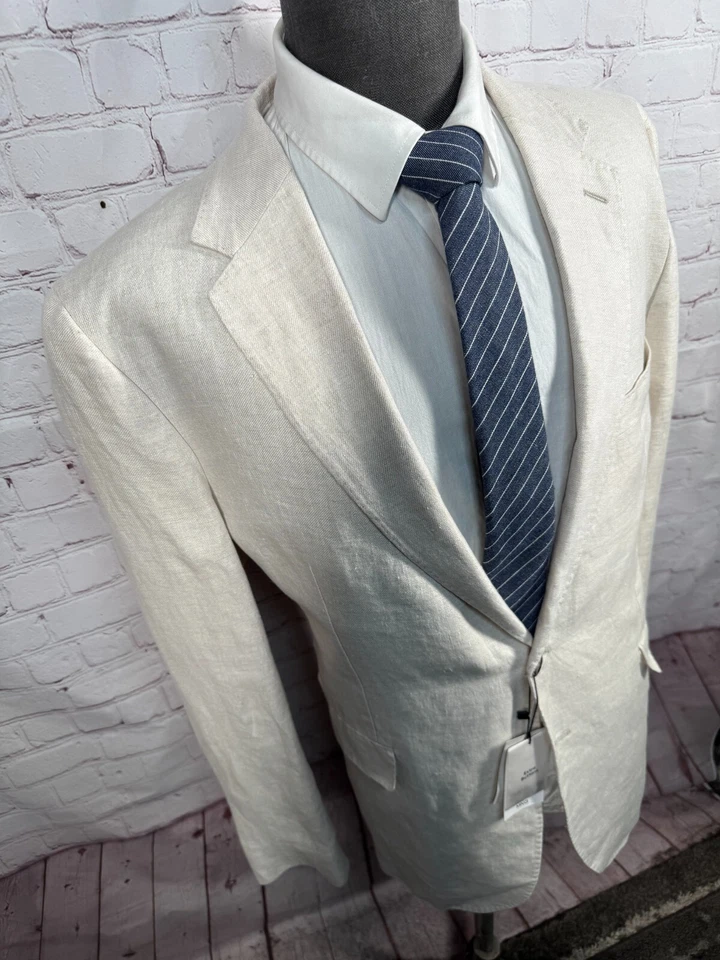 MANGO MNG Mens Khaki Tan LINEN SLIM FIT Suit Sport Coat Blazer Jacket 44L - Image 3 of 4