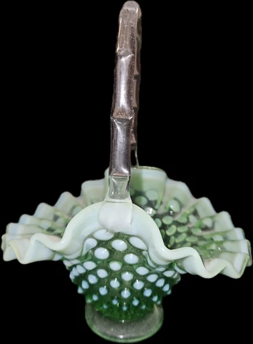 Vtg Green Ruffled Basket Fenton Art Glass Lime Opalescent Hobnail Old 40’s