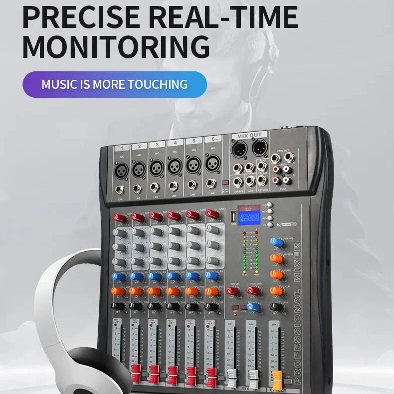 JIY 6 Channel Audio Mixer Bluetooth LCD Sound Console DJ Live Stereo Mixing USB - Image 3 of 4