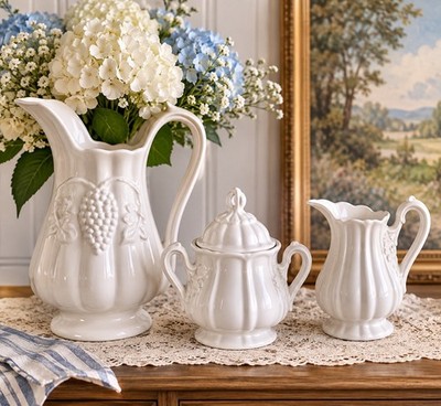 Vintage Red Cliff Ironstone White Grape Pitcher Creamer Sugar Bowl Lid Set