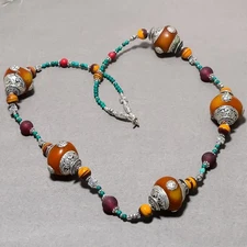 Amber Turquoise Malachite Handmade Bohemian Beaded Jewelry Necklace 18" SR 679