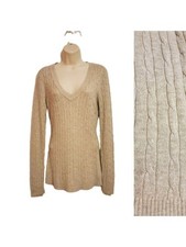 Ann Taylor LOFT Cable Knit V-Neck Pullover Fitted Sweater Beige Small