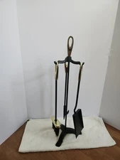 Vintage Gold Tone Brass Metal 4 Piece (3xTools) Fireplace Set Mid Century 25” ⚡