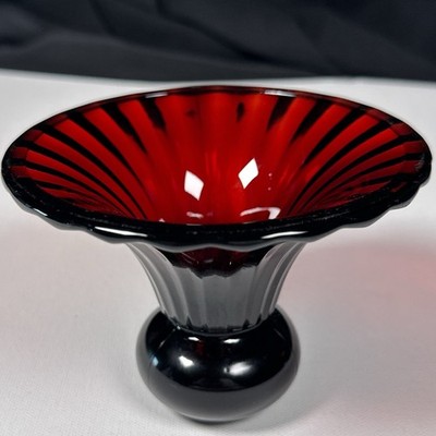 Vintage Deep Ruby Red Glass Vase Art Deco Style Flared Pedestal Heavy