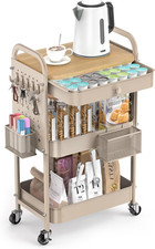 3 Tier Metal Rolling Cart with Drawer,Wood Top,Pegboards,Khaki Storage Utility