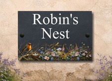 Robin Nest & Flowers Slate House Sign  Custom Name Number Plaque for Home Garden