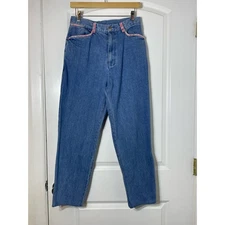 Y2K Gitano Jeans Size 12 High Rise Pink Plaid Trim Baggy Tapered Waist Boho 90s