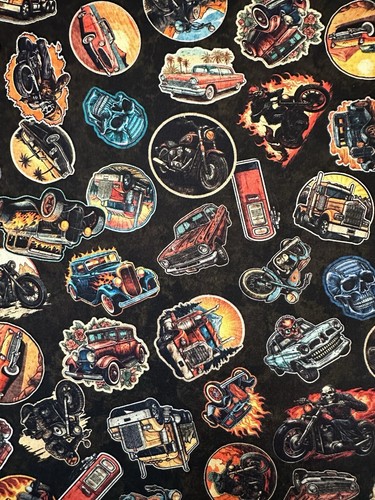 HEAVY METAL BY QT HOT ROD STICKERS BLACK VINTAGE CLASSIC MUSCLE CARS FABRIC HY - Picture 2 of 3