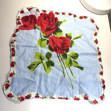 Vintage Hanky Blue Red Pocket Square Handkerchief Rose Flower 14"x14" Scarf