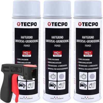 TECPO GRUNDIERUNG HAFTGRUND 3x 500ml GRAU LACKSPRAY SPRÜHDOSE PRIMER + HANDGRIFF