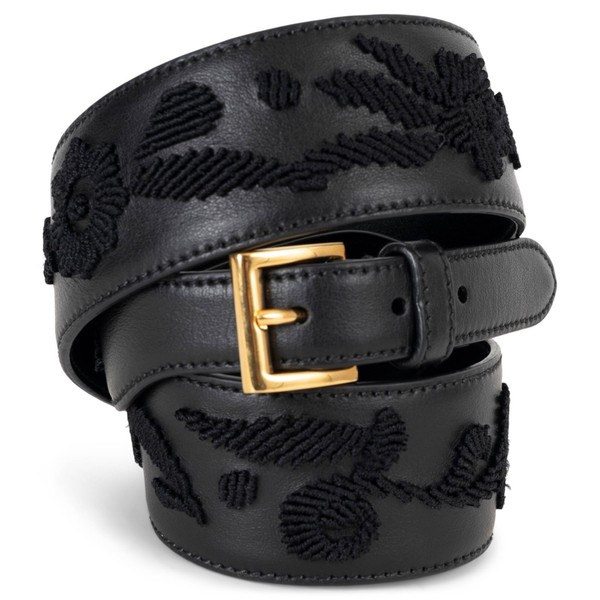 73211 Auth PRADA schwarz Leder 2019 Blumen bestickt Gürtel 80