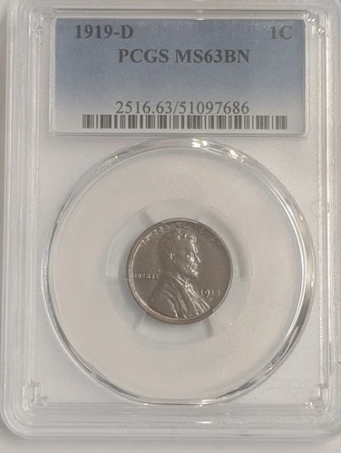 1919-D Denver Minted Lincoln Wheat Cent Penny 1C PCGS Graded MS63 BN