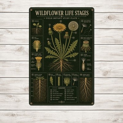 Vintage Central Dandelion Botanical Life Cycle Chart Tin Sign Wall Decor