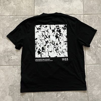 LACOSTE Print Motif Jersey Cotton T Shirt Black Tee Tennis 1933
