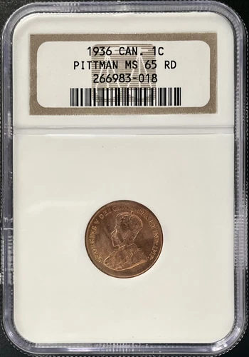 1936 Canada 1 Cent Pittman KEY DATE NGC MS-65 Red – KM 28 George V