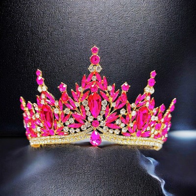 Fuchsia Gemstone Crown, Birthday Tiara, Wedding Headband, Prom Crown, Gold Tiara Fuchsia Gemstone Crown, Birthday Tiara, Wedding Headband  main image 3