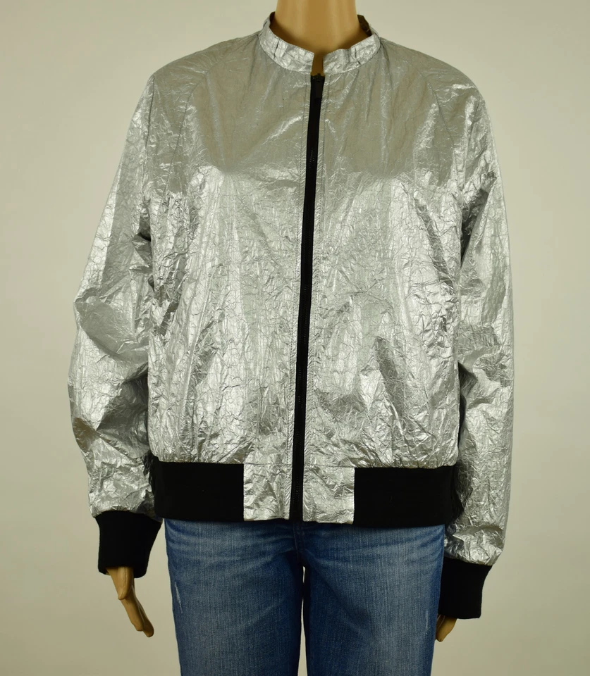 Rachel Roy Womens Silver Metallic Crinkled Bomber Jacket XL - Image 2 of 4