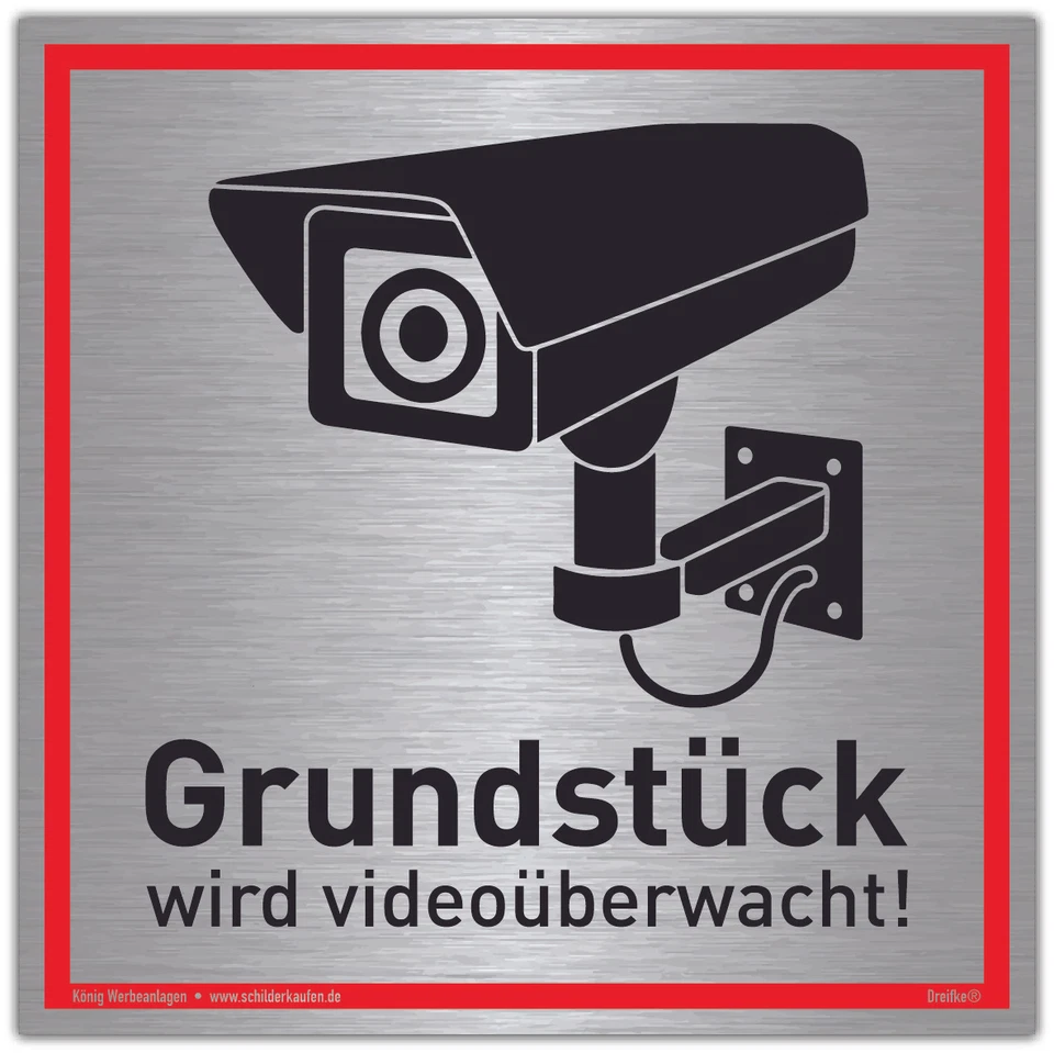 DREIFKE Schild Grundstück wird videoüberwacht! Silber Alu mit UV-Schutz 20x20 cm