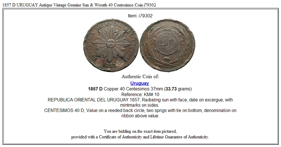 Moneda 40 Centesimos Sol y Corona Genuina Antigua 1857 D URUGUAY i79302 Foto 3 de 3