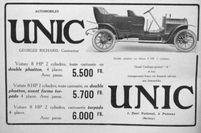  PRESSEWERBUNG 1911 AUTOS UNIC GEORGES RICHARD AUTO 8 PS 2 ZYL