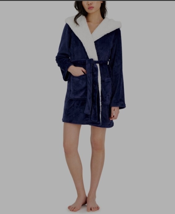 Plush Robe Fleece Hooded Short Dressing Gown Womens Short Sherpa Hooded Robe  Good Night Blue Size