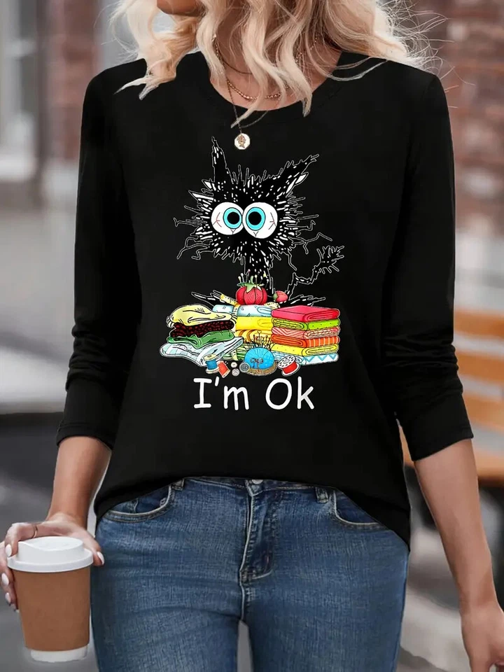 Camiseta de algodón de manga larga para mujer con estampado de gato de anime | 100 % algodón informal Foto 2 de 4