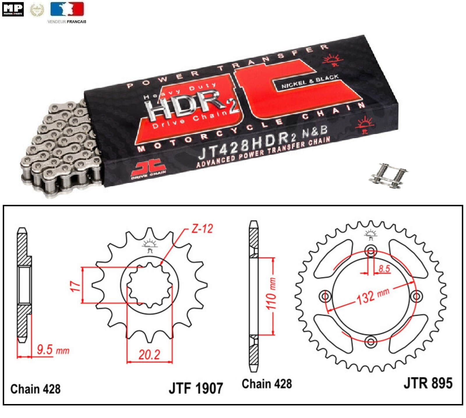 Kit chaine renforcé 428 KTM SX 85 avec pignon 13 et couronne 49 dents