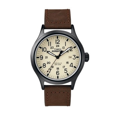 Timex T49963 Indiglo Scout Expedition Beige Dial Quartz Leather Strap Watch -NEW