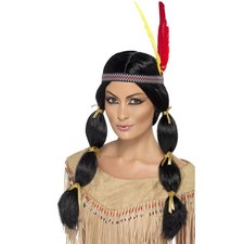 Native American Inspired Wig Black Pigtails Feather Headband